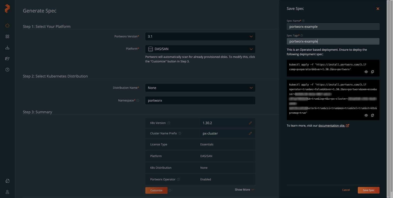 The Save Spec sidebar of the Generate Spec page in Portworx Central The Save Spec sidebar of the Generate Spec page in Portworx Central