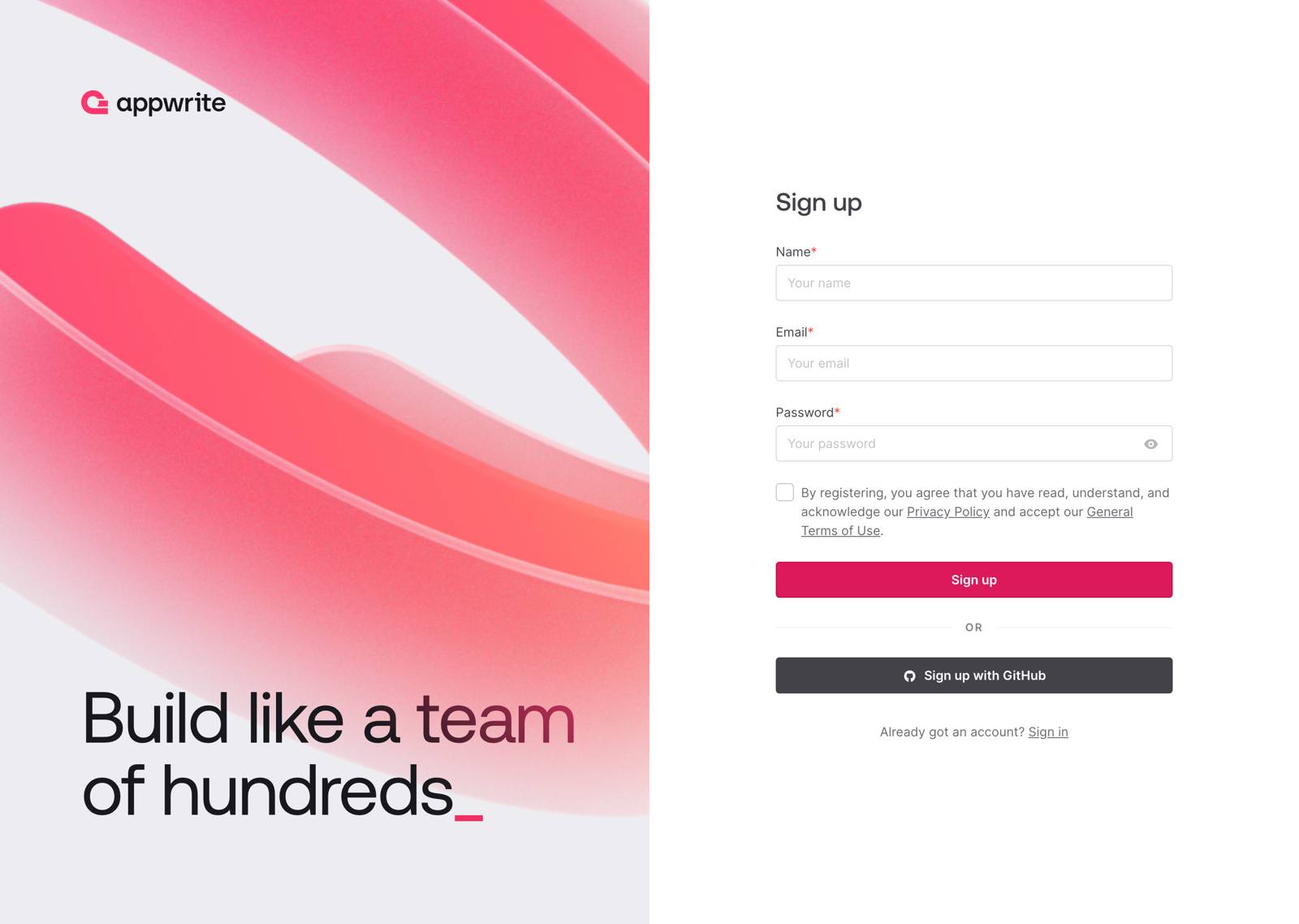 Screenshot of the Appwrite sign up page Screenshot of the Appwrite sign up page