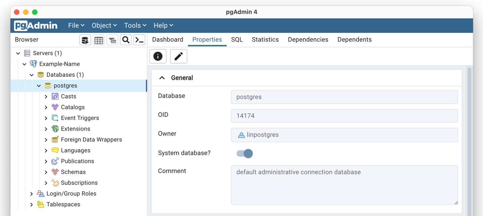 Screenshot of the browser window in pgAdmin 4 Screenshot of the browser window in pgAdmin 4